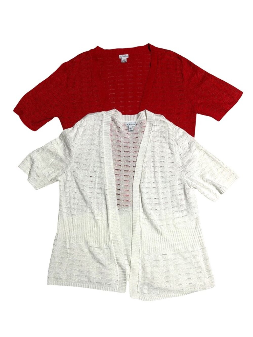 Lot of 2 Kim Rogers Womens Open Knit Cardigans 1X Red & White Short Sleeve